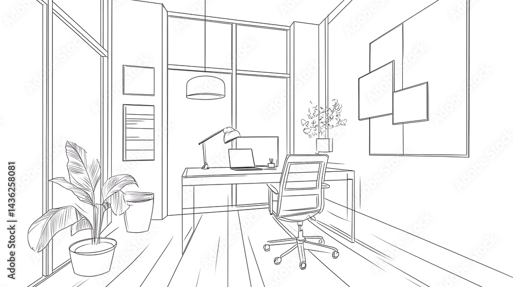 Fototapeta premium A drawing of a room with a desk and a chair
