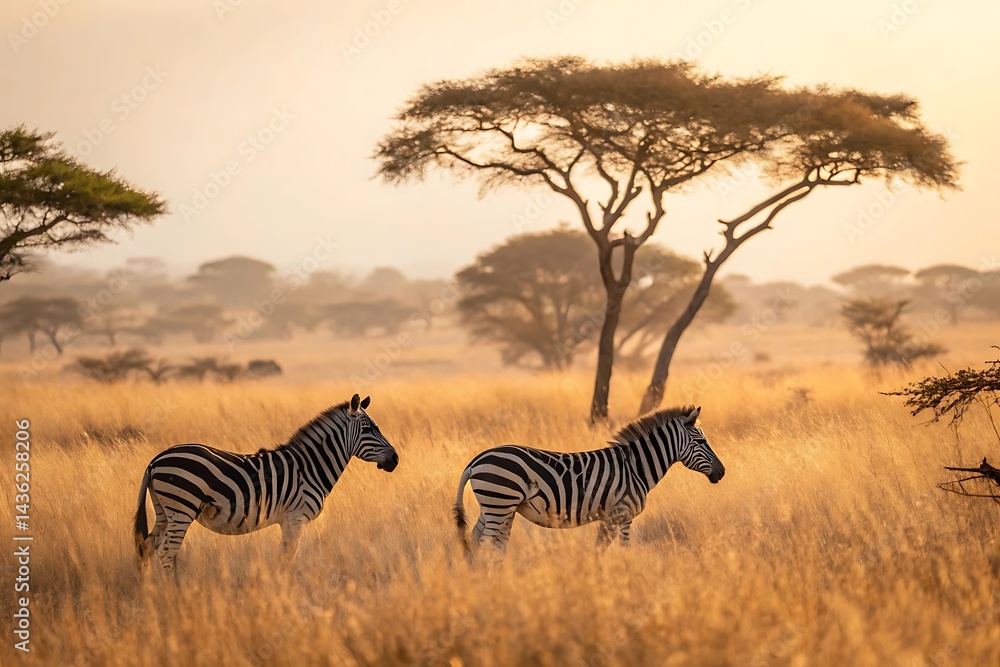 Obraz premium Two Zebras in Golden Sunlit Savanna with Tall Grasses and Acacia Trees Wildlife Photography in Warm Afternoon Light