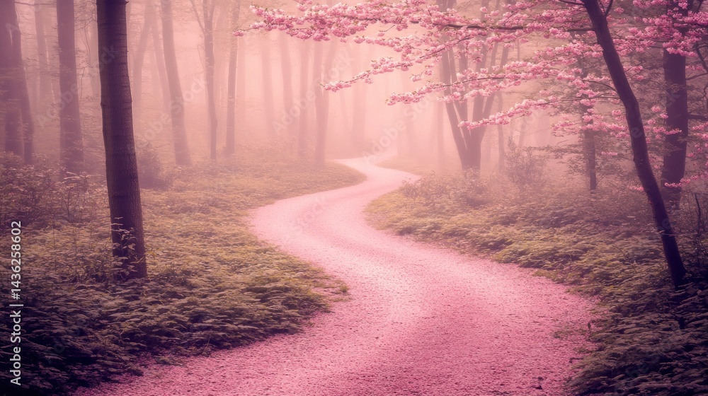 Naklejka premium Pink path winds through a misty forest of blooming trees.
