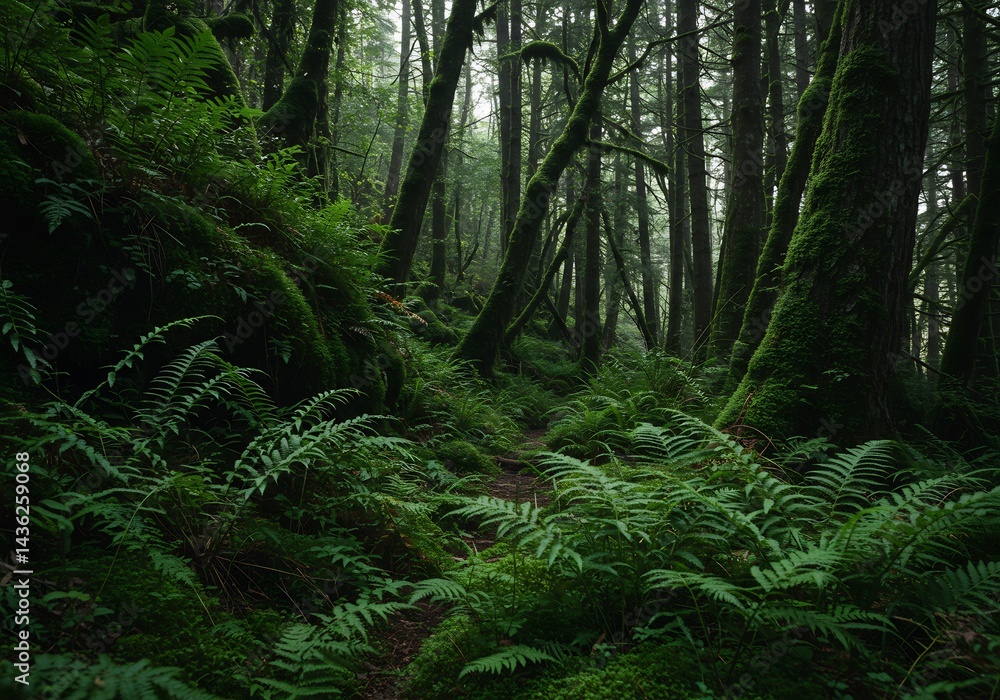 Obraz premium 深緑の森道 静かな光 苔むす巨木