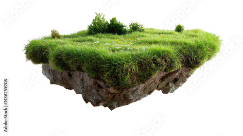 Floating Isle of Serenity: A mesmerizing view of a land floating above. Lush green grass thrives upon the islet, embodying the serenity and wonder of a hidden oasis.