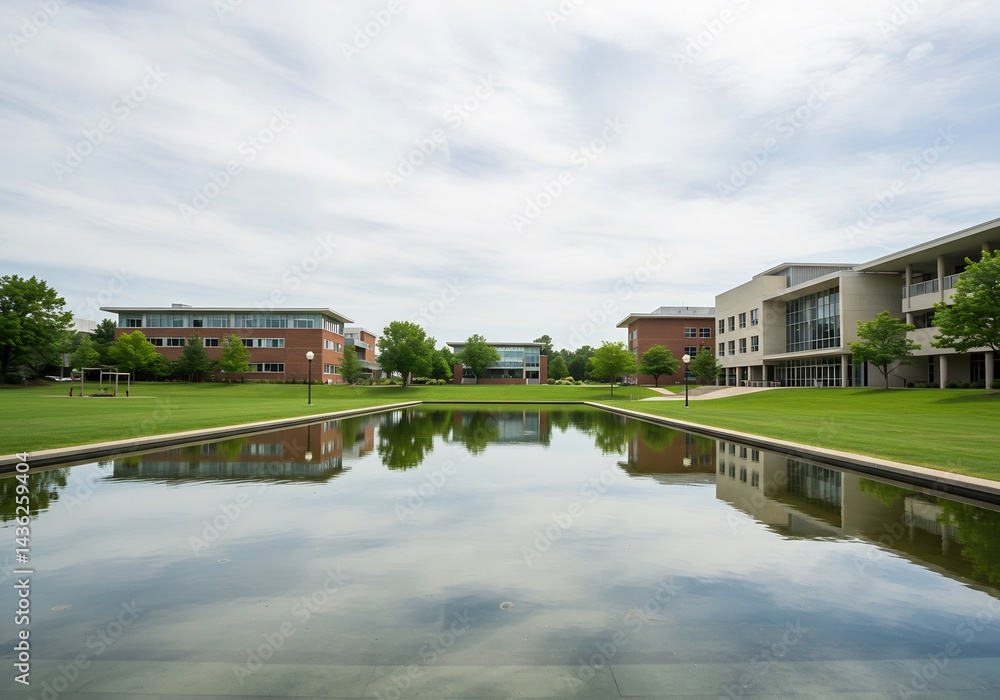 Fototapeta premium 静かな水面に映る大学風景 穏やかな朝の光