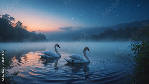 Fototapeta Naklejka Na Ścianę i Meble -  Two Swans on Foggy Lake at Sunset