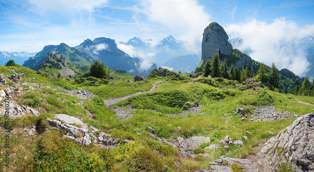 stunning swiss alps view at lookout point Daube mountain, Bernese Oberland.