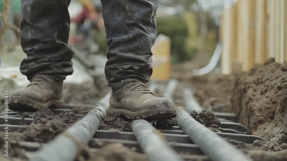 Construction Worker Walking on Pipes Construction Worker Walking on Pipes