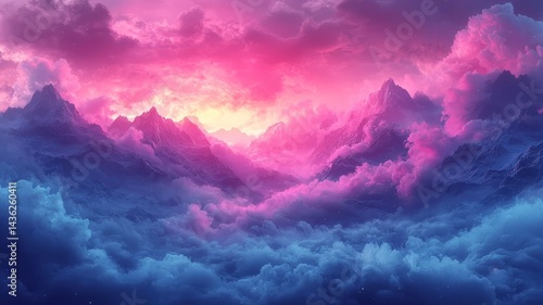 Vibrant sunset over majestic mountains, with swirling clouds in shades of pink and blue, creating a dreamy and serene atmosphere for nature lovers.
