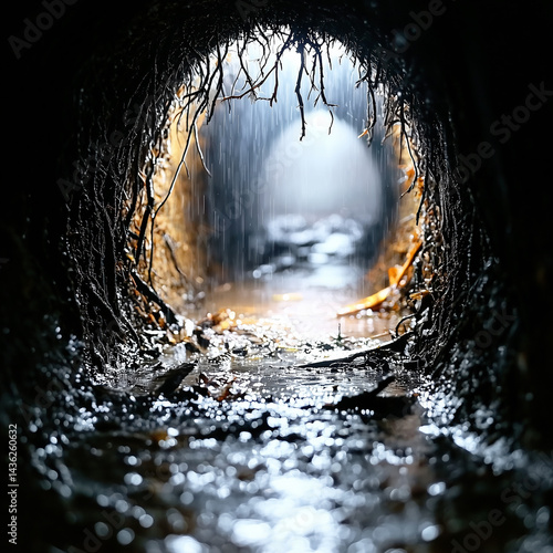 View from inside a dark, wet drainage pipe or tunnel with water dripping and roots hanging, looking towards the light.