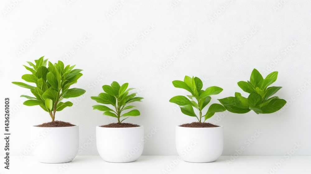 Fototapeta premium Three potted plants in white pots against a white background