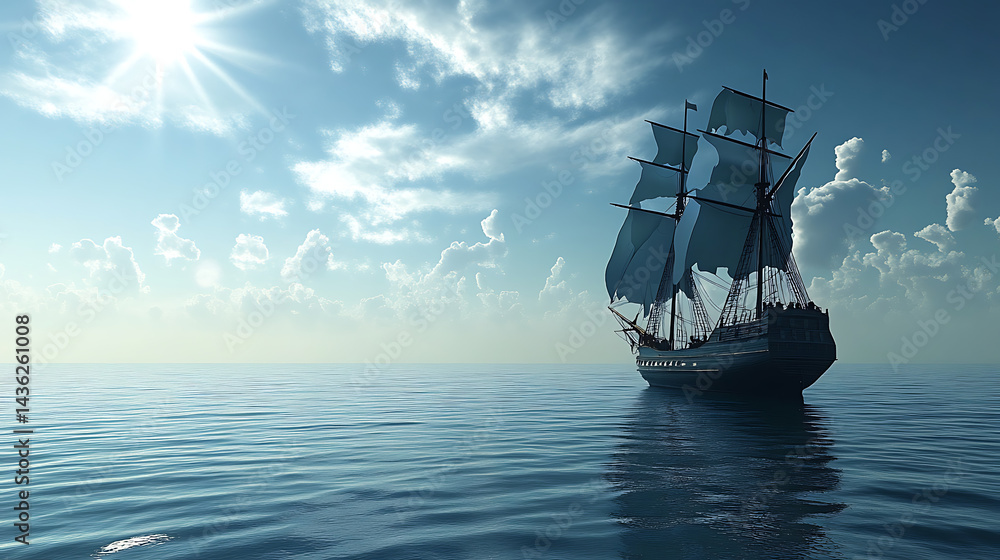 Obraz premium A large ship sails in the ocean with a bright sun shining on it