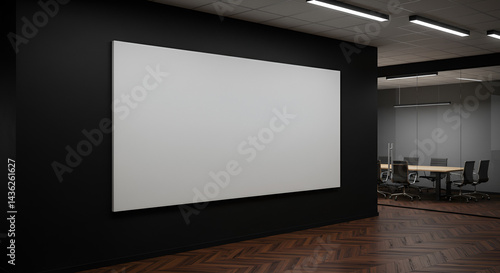 Modern black wall mockup in office with wooden floor and meeting room visible through glass wall on right side under ceiling lights at night,professional, indoor, architecture, ai, generative, illustr