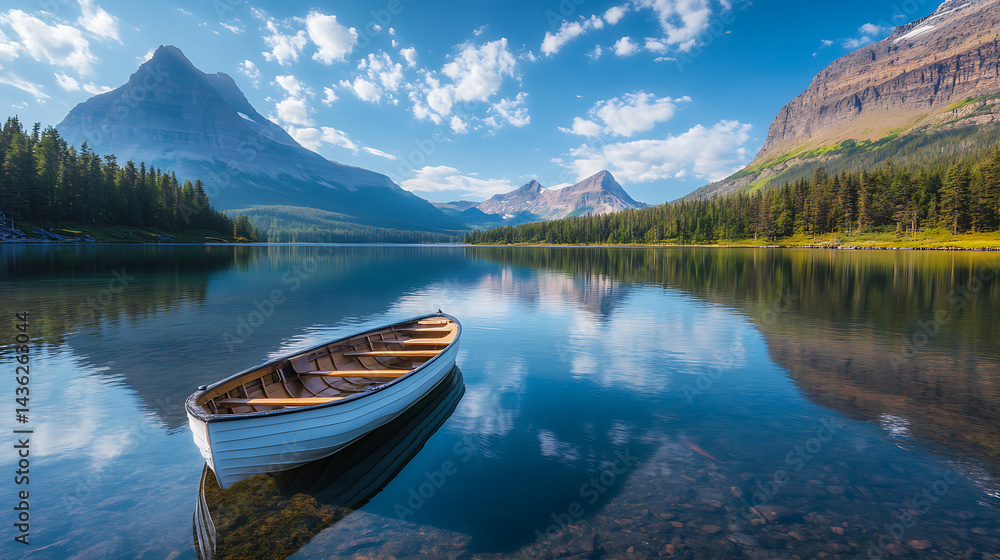 A small white boat sits in a lake surrounded by mountains A small white boat sits in a lake surrounded by mountains