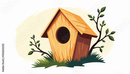 Hand-crafted birdhouse with geometric shapes in lush greenery, home design