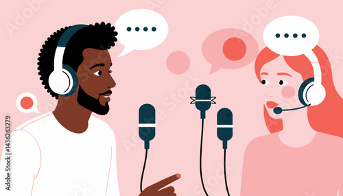 Podcast_Illustration_Man_and_Woman_Speaking_Into_Microphones_With_Speech_Bubbles_Representing_Conversation_Audio_Recording_and_Communication_Design