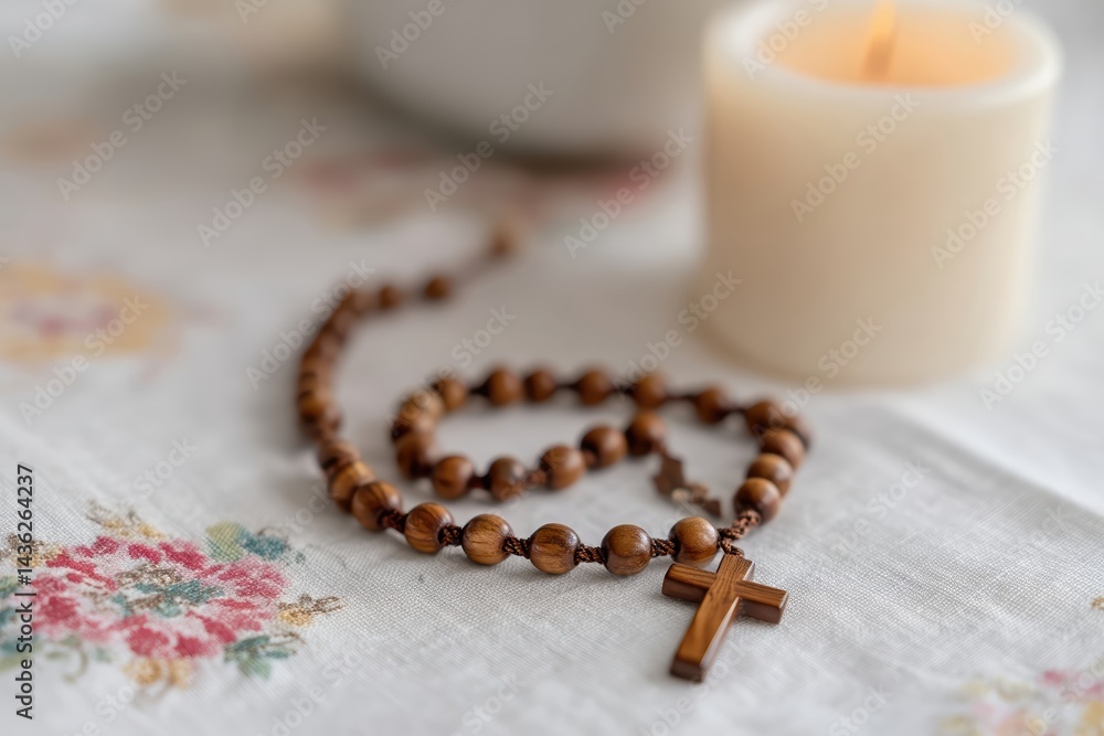 Rosary resting beside simple candle on embroidered cloth creating a serene devotional atmosphere Rosary resting beside simple candle on embroidered cloth creating a serene devotional atmosphere