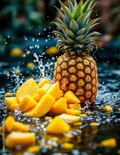 Tropical Refreshment: A close-up shot showcasing a succulent pineapple and freshly sliced pieces submerged in refreshing water, epitomizing the taste of summer.