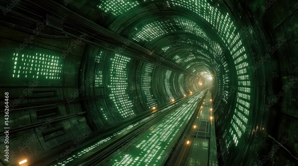Futuristic tunnel filled with glowing green code Futuristic tunnel filled with glowing green code