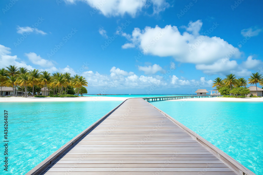 Fototapeta premium wooden walkway leads to a white sand beach with palm trees