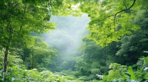 Lush green forest canopy, sunlight filtering through
