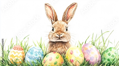 Adorable Watercolor Easter Bunny with Pastel Eggs