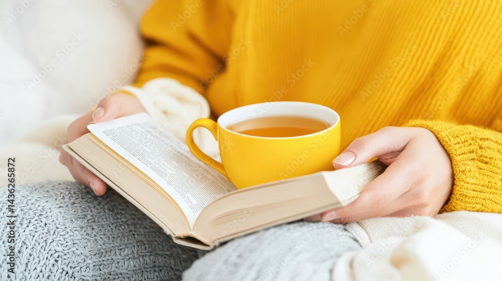 Cozy Afternoon with Book and Tea in a Yellow Mug on Soft Blanket Cozy Afternoon with Book and Tea in a Yellow Mug on Soft Blanket