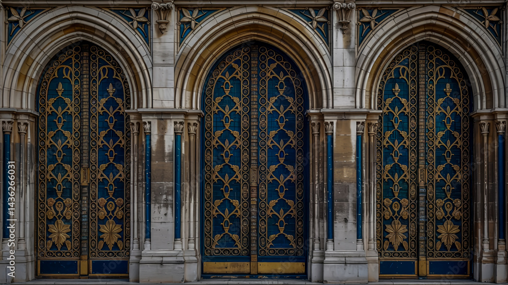 Fototapeta premium Elegant Building Entrance with Gold and Blue Accents