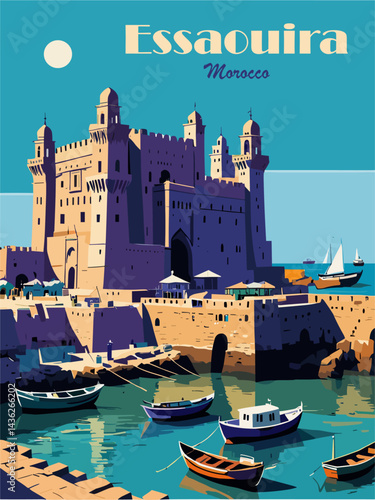 Essaouira, Morocco travel destination poster in retro style. Colorful landscape vector illustration
