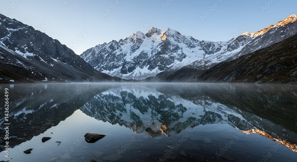 Fototapeta premium Stunning mountain landscape with towering snow-capped peaks reflected in a serene lake, surrounded by rugged terrain and fog in the early morning light.