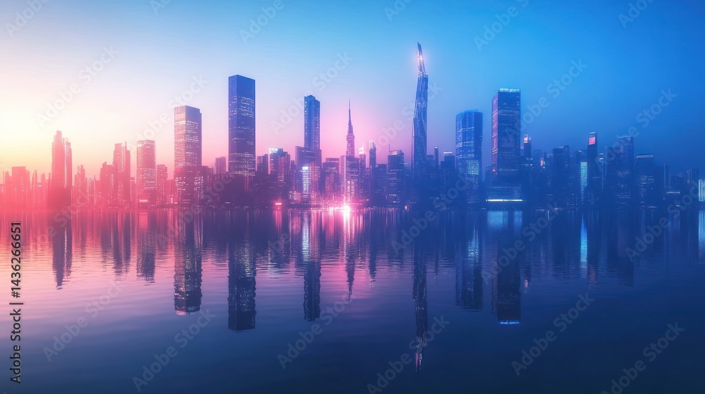 Fototapeta premium Dramatic metropolis waterfront at twilight, reflecting serene skyscraper silhouettes