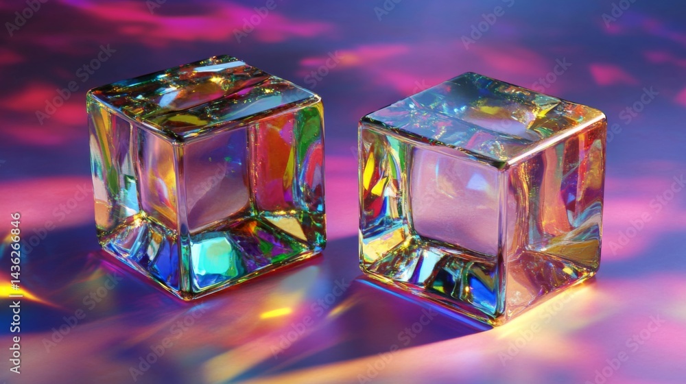 Two Iridescent Glass Cubes on a Colorful Background Two Iridescent Glass Cubes on a Colorful Background