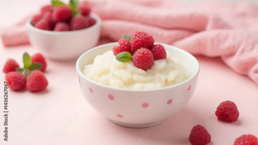 Creamy Rice Pudding with Fresh Raspberries and Mint Leaves Creamy Rice Pudding with Fresh Raspberries and Mint Leaves