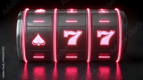 Neon Slot Machine with Poker Chips and Bright Lights Display