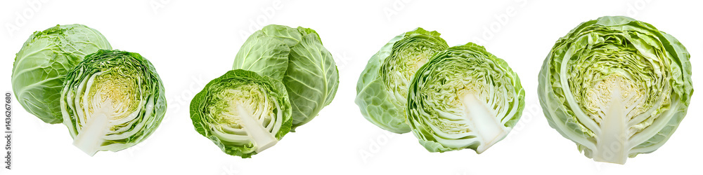 Fototapeta premium Set of a green cabbage, cut in half and placed isolated on transparent background.