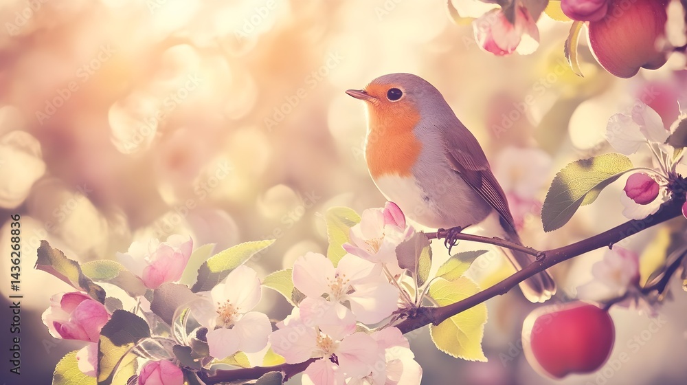 Small Bird Perched on Branch of Apple Tree with Blossoms Small Bird Perched on Branch of Apple Tree with Blossoms
