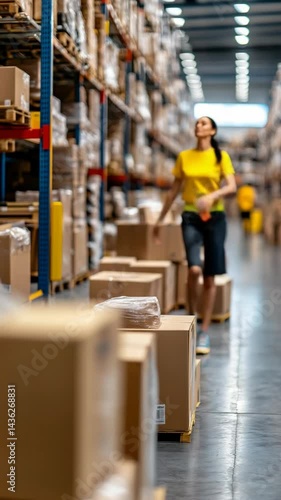 Female warehouse worker walking along shelves in large distribution center during inspection in a modern setting, focused on boxes on pallets.