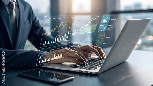 Businessman analyzing financial technology data for investment integration using laptop in modern office, visualizing digital charts, market trends, and fintech insights for economic strategy