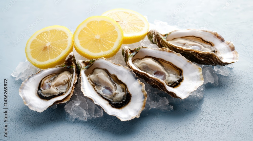Freshly opened oysters on ice with lemon slices arranged on a light blue background, showcasing seafood delicacy and cold maritime serving presentation Freshly opened oysters on ice with lemon slices arranged on a light blue background, showcasing seafood delicacy and cold maritime serving presentation