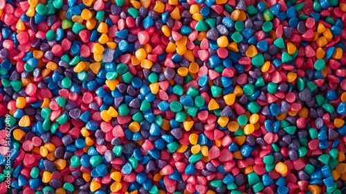 Vivid Macro Photography of Colorful Glossy Pebbles or Small Decorative Stones in a Dense, Playful Pattern with Bright Shades of Red, Pink, Orange, Yellow, Green, Blue and Purple on a