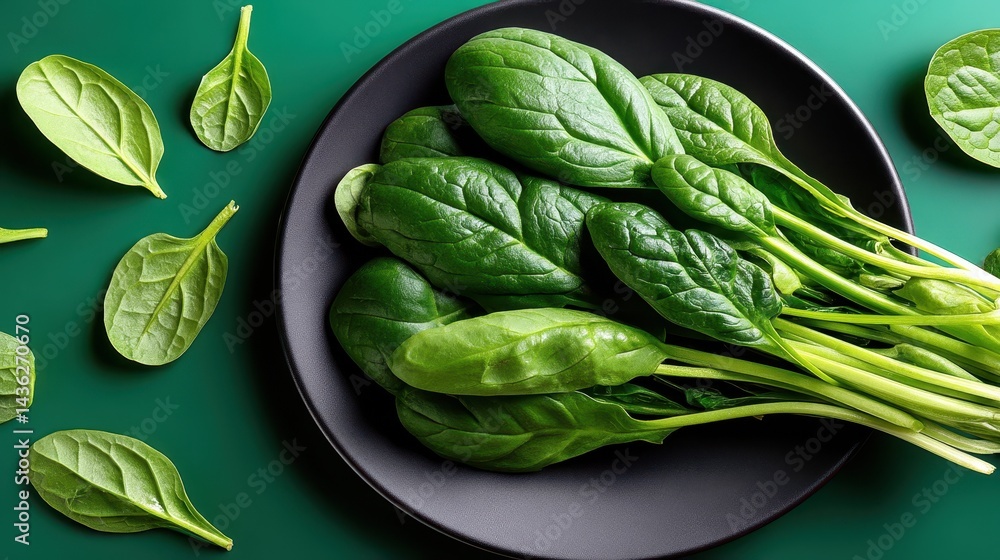 Fresh spinach leaves arranged on a gray plate with vibrant green background viewed from above