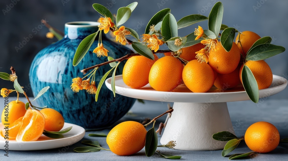 Small Chinese kumquats displayed on a white stand with vibrant leaves against a soft blue background