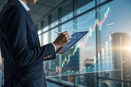Businessman analyzing financial technology data for investment integration using laptop in modern office, visualizing digital charts, market trends, and fintech insights for economic strategy