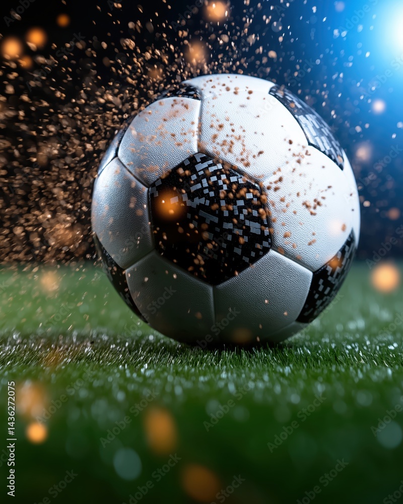 Close-up of a soccer ball being kicked by a player with dynamic motion blur on a sunny afternoon in a green field