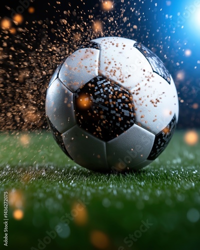 Close-up of a soccer ball being kicked by a player with dynamic motion blur on a sunny afternoon in a green field