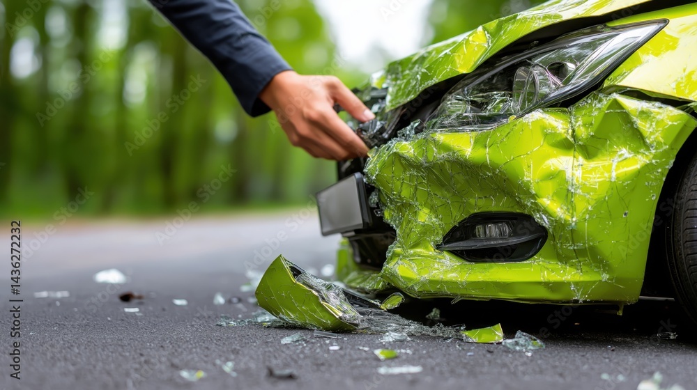 Car accident investigation shows detailed damages and expert assessment process by insurance agent in urban area