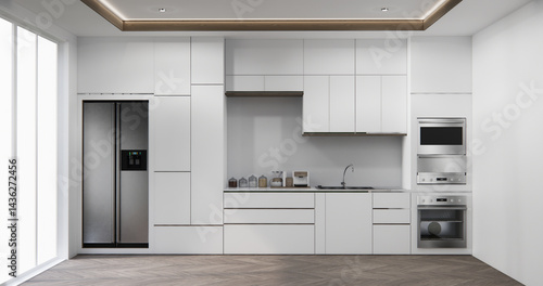 Wallpaper Mural white modern loft style on kitchen counter scene mockup and set shaped kitchen design. 3d rendering Torontodigital.ca