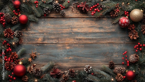 Rustic wooden surface framed by festive greenery and decorations.