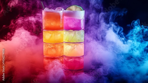 Layered Colorful Cocktail with Ice Cubes and Smoky Effects
