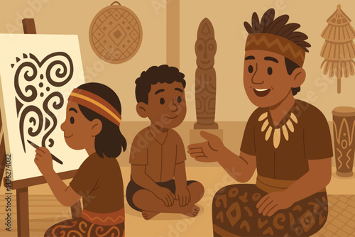 Papuan Children Learning Local Arts and Stories