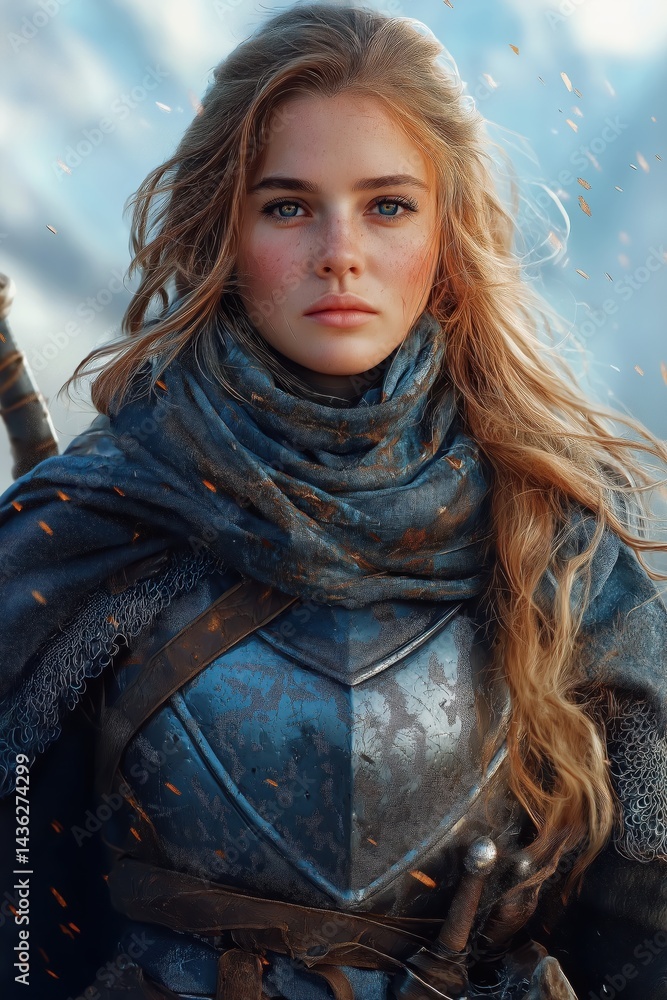 Fierce female warrior with long blonde hair in blue medieval armor stands tall against a dramatic mountain landscape