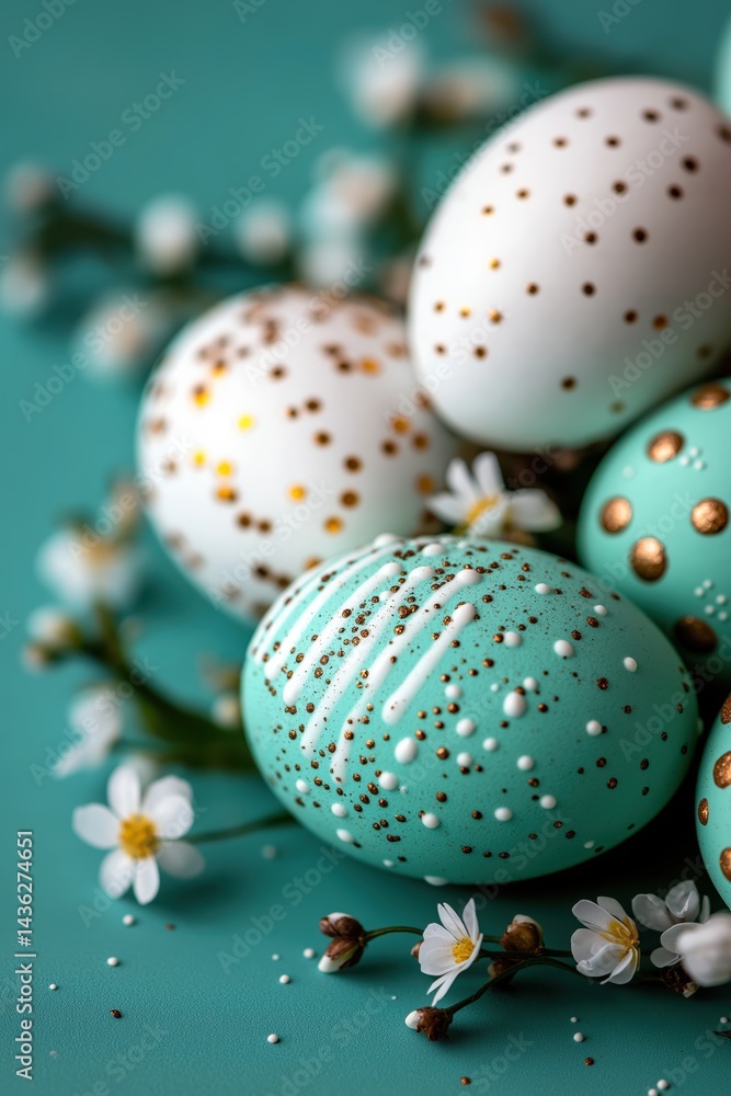 Fototapeta premium Delicate Easter eggs adorned with intricate decorations on a pastel green background with scattered flowers and soft lighting for a festive feel