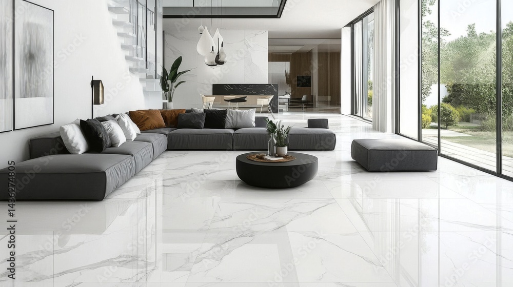 Fototapeta premium Modern Luxury Living Room with Gray Sofa and White Marble Floor